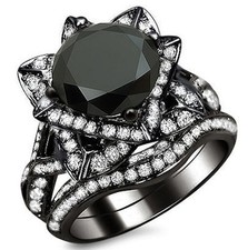 3.60ct Black Round Lotus Flower Engagement Ring Set