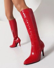 Bottes Hautes Rouges Femme Talon 8,5 Cm Sexy Bout Effet Croco CF59650