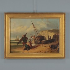 Tableau Ancien La Vente de Poisson Frais Italie du XIXe Siècle Original