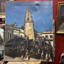 old large painting durand rosé orientalist Arab market minaret oil / canvas