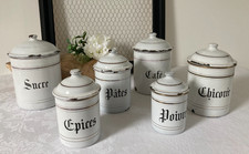 825⚜️ Old Series of 6 Vintage White Enameled Sheet Metal Spice Jars