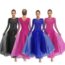 Women Costume Wide Flared Dress Flamenco Dresses Rumba Glittery Party Ballroom
