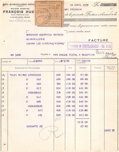 1939 fers quincaillerie metaux - 1939,