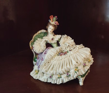VINTAGE DRESDEN PORCELAIN LACE FIGURINE WOMAN SITTING ON SOFA