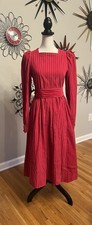 LAURA ASHLEY 80s US10 Red Stripe Corduroy  Dress Puff Sleeve Maxi Tie Belt READ