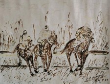 Beau Dessin Au Feutre De Constant Baruque, (1914-1989)" Les Courses De Chevaux"