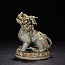 7.0" china old antique song dynasty ru kiln porcelain sky cyan glaze lion statue