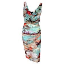 Jean Paul Gaultier Mesh Blue Floral Print Ruched Midi Dress