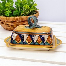 Deruta Italian Hand Painted Covered Lidded Butter Dish Ribbon Handle Italy 5"x8"