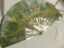 éventail ancien nacre, scène champêtre peinte à la main - complet - à restaurer