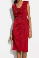 Tadashi Shoji Cherry Red Draped Bateau Neck Sheath Dress M/Siren Vixen-Coquette 