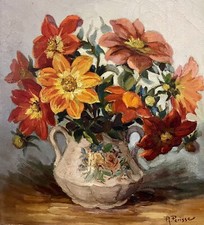 oil painting on canvas signed Raymond PERISSE painter Lorrain Bouquet de Dahlia