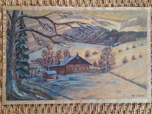Peinture ancienne chalet - , neige
