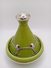 Moroccan Mini Tagine With Silver tone Metal Design Motif Forest Green