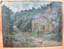 Peinture à l'huile sur toile XIXème - Maison de campagne - Charles Hallé