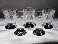 Rare Set Of 5 Morgantown Fontinelle Etched Tumblers With Black Feet 4 3/8"