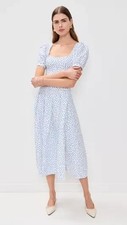 NEW Reformation Coucou Midi Linen Dress Hanna White Blue Floral | US 2 UK 6