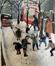 Antique Painting Painting Children Playing in the Snow Signed Guiet XX 
