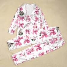 Women's Festive Two-Piece Christmas Pajama Set Sz M Bow Tree Holidays Loungewear
