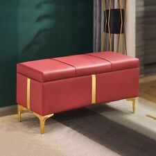 Coffre de rangement en simili cuir rouge avec banc pouf pieds en métal doré