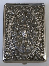 Sublime ancien ETUI A CIGARETTES métal CHINE VIETNAM INDOCHINE Dragons Eléphants