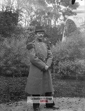French officer, soldier, park, glass plate, old photo, negative 9x12 cm