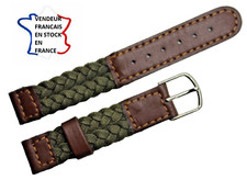 Bracelet montre ;14mm ;TISSU VERT TRESSE épaulé CUIR MARRON ,SURPIQUE / 004