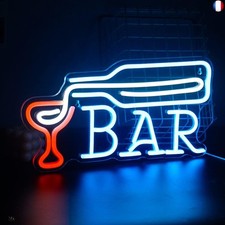 Bar bleu avec néon en verre à vin, enseigne murale au néon à led, enseignes au n