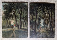 2 Huiles sur Panneaux Cavaliers Chiens Painting 