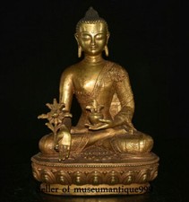 12" Old Tibet Bronze Gilt Religion Robe Menla Medicine Buddha Medical God Statue