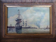 Navy Signed Oil On Panel / HSP Sail Boat Maritime Painting