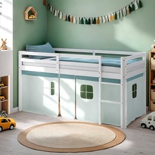 Cadre Lit superposé enfant mezzanine 90x200 Lattes Bois Rideau Vert Homestyle4u