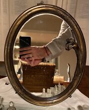 Antique Art Deco Mirror, Oval, Lady Decorated, Brass Structure.