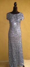 Adrianna Papell blue/gray sequins short sleeve bateau neck train lined gown 6P