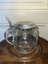 Antique German beer glass, original BMF glass mug and pewter lid