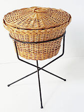 1950 VINTAGE 50S ROCKABILLY STEEL WICKER TRIPOD SEWING BOX WORKER 